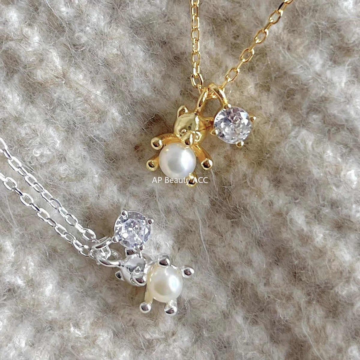 F廠-韓國韓版925純銀INS 鋯石小熊珍珠項鍊銀飾品簡約項鍊「B1034」25.11-2