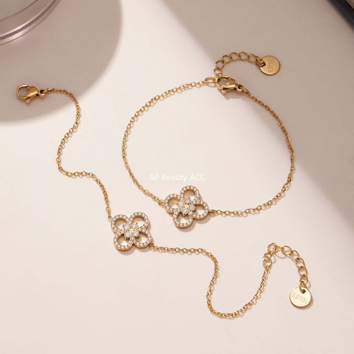 B廠-不鏽鋼四葉草鋯石項鍊手鍊 鍍18k金歐美時尚百搭個性首飾「TXP474-TXE474」25.11-3