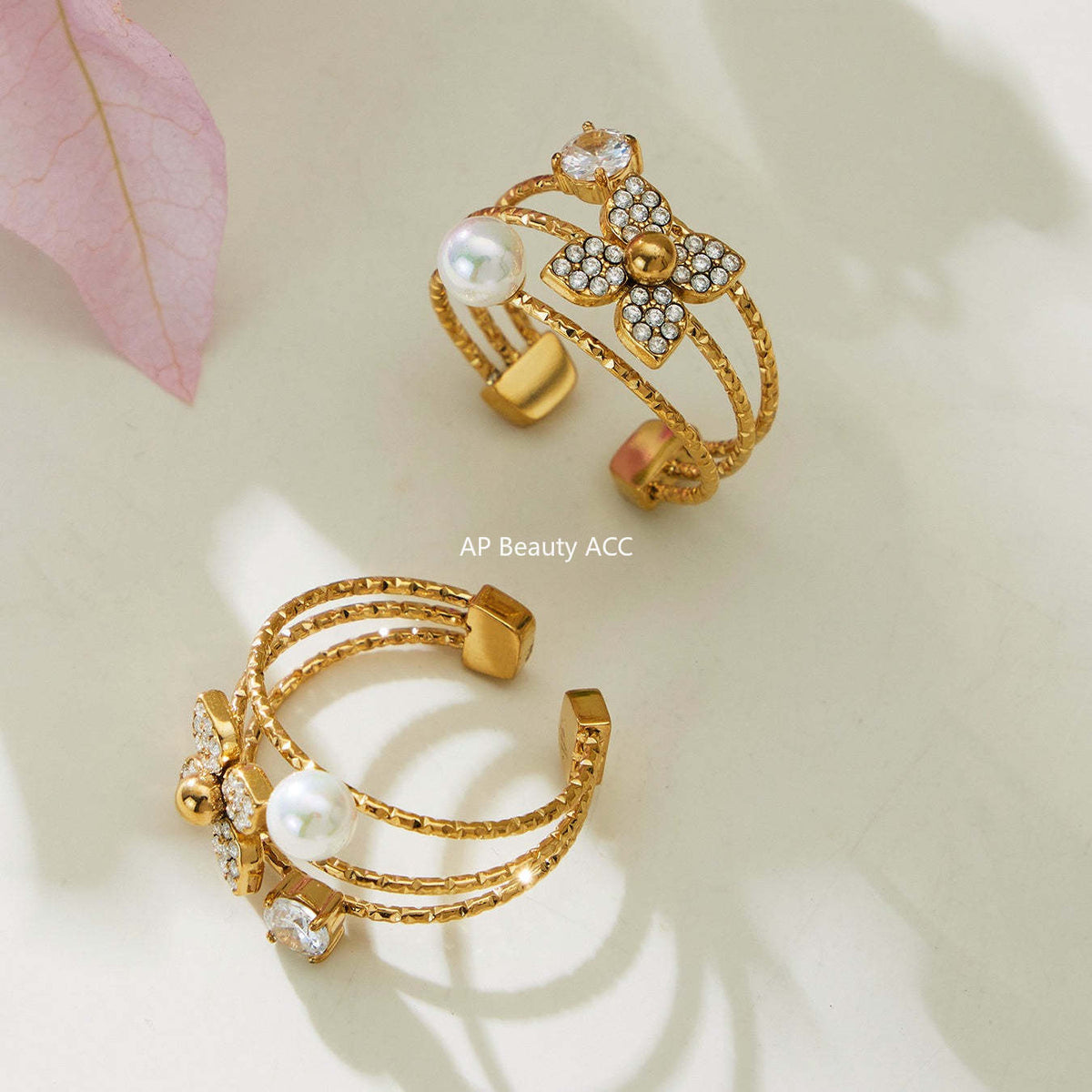 B廠-熱銷新品重十字夾珠鬱金香花朵鑲鋯石滿鑽鎖骨項鍊戒指套裝「TXP489」25.11-4