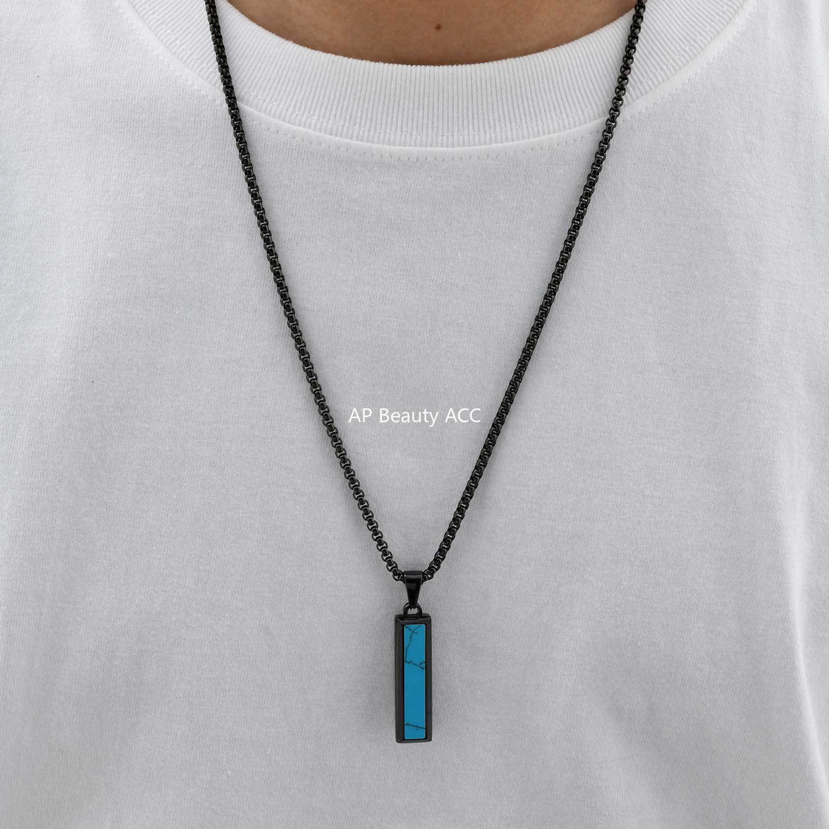 G廠-批發歐美跨境男士時尚百搭不鏽鋼瑪瑙綠松石幾何吊墜項鍊「PN-2221」25.11-1