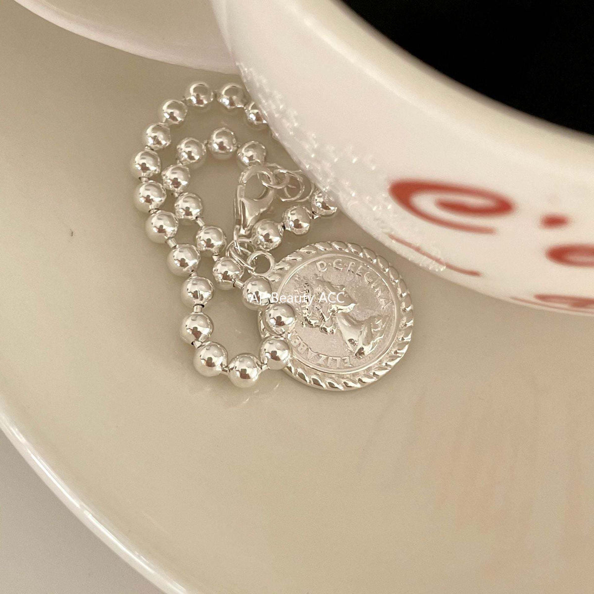 F廠-韓國韓版925純銀銀飾設計鏈條硬幣光珠簡約手鍊手飾「A162」25.12-1