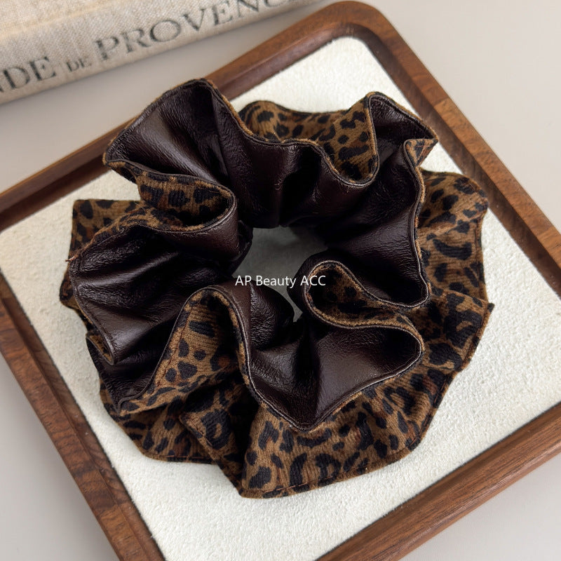 E廠-韓系pu皮豹紋雙面雙層大腸髮圈女氣質扎頭髮丸子頭髮繩低馬尾頭繩「27666」25.11-2