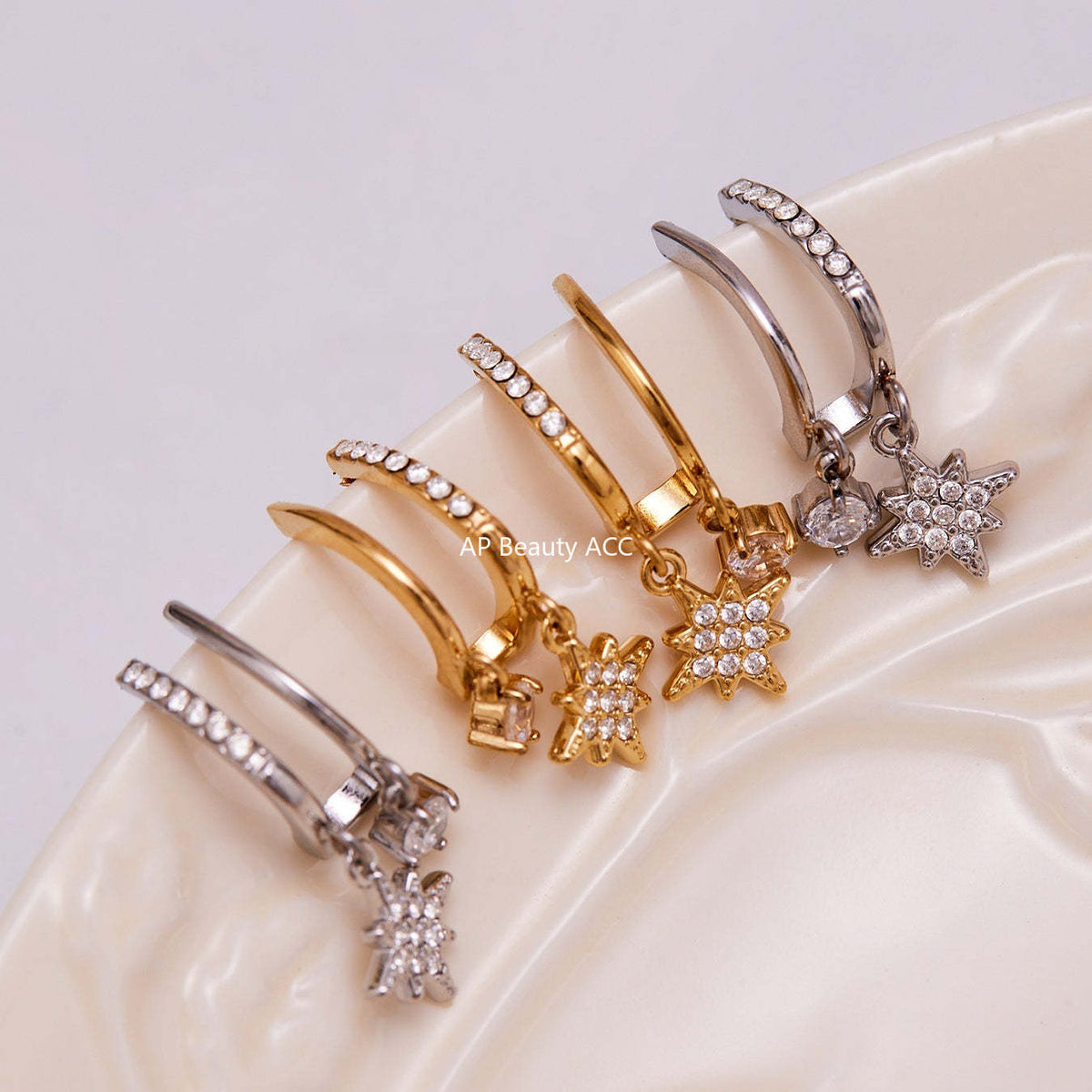 B廠-不鏽鋼5A鋯石雙層爪鑽超閃八芒星吊墜耳環跨境氣質百搭耳飾「F1327」25.10-5