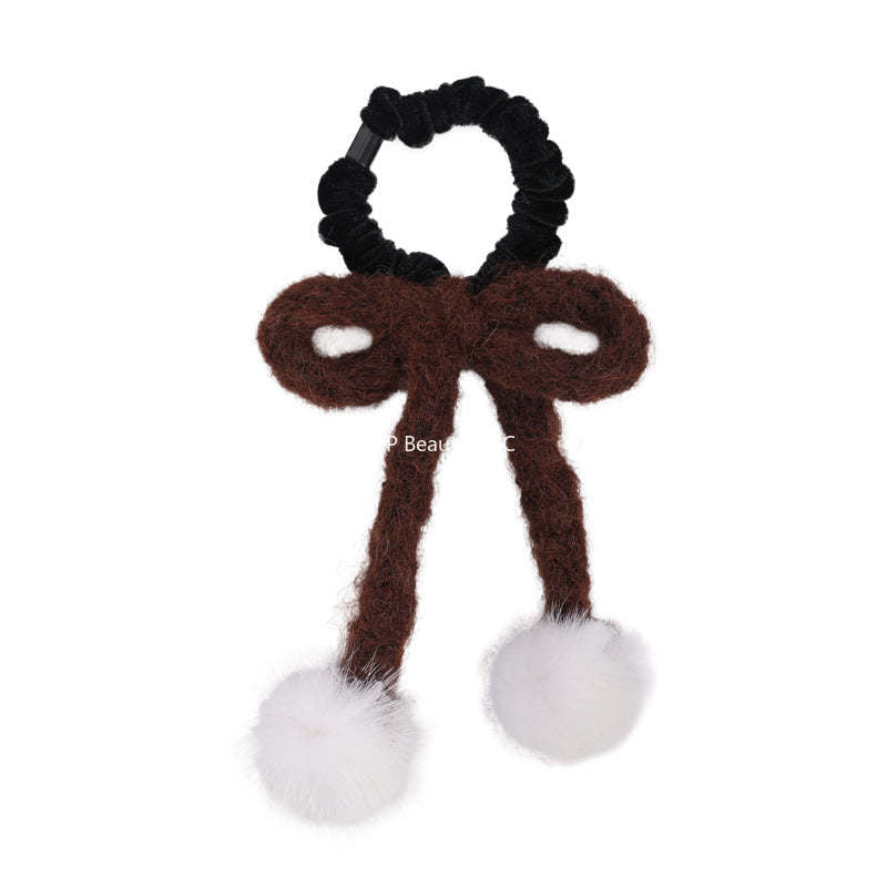 E廠-秋冬日系甜美毛線蝴蝶結髮圈少女白色毛球飾品可愛髮繩扎頭髮皮筋「26334」25.11-3