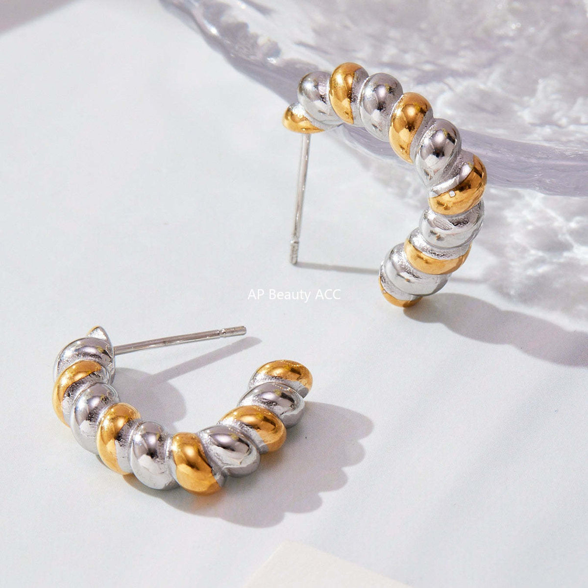 B廠-不鏽鋼重工螺紋麻花形狀耳環拼色間電鍍18k金簡約新潮耳釘「F970」25.10-5