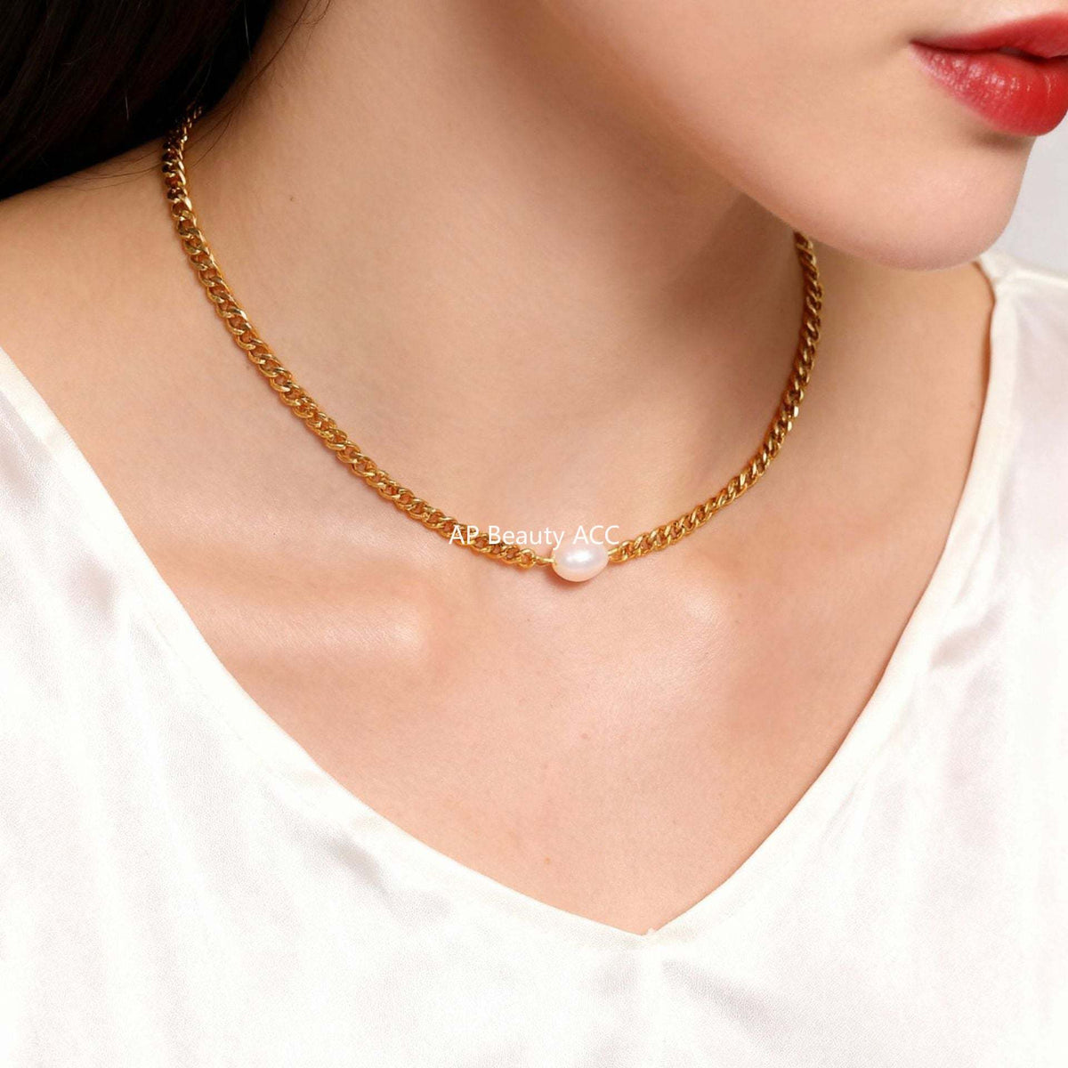 B廠-不鏽鋼粗鏈條簡約單顆珍珠項鍊 歐美時尚輕奢氣質鍍18K金百搭首飾「P539」25.12-1