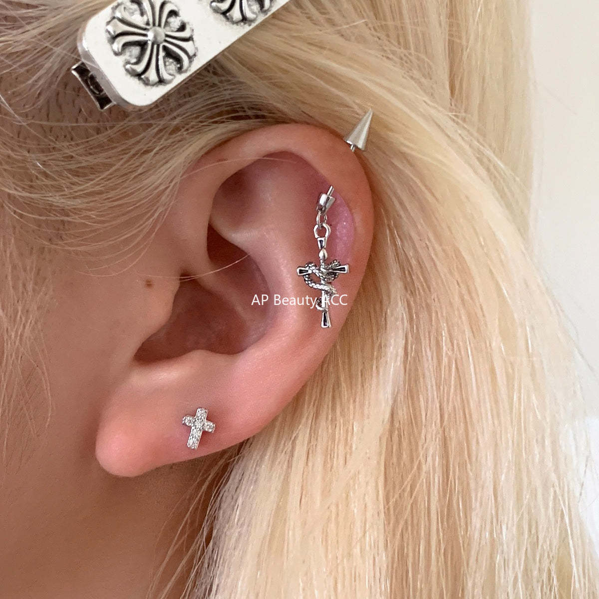 C廠-酷颯黑暗風纏繞小蛇十字架耳釘女輕奢高級感氣質鈦鋼耳骨釘新耳飾「EH-4346」25.12-3
