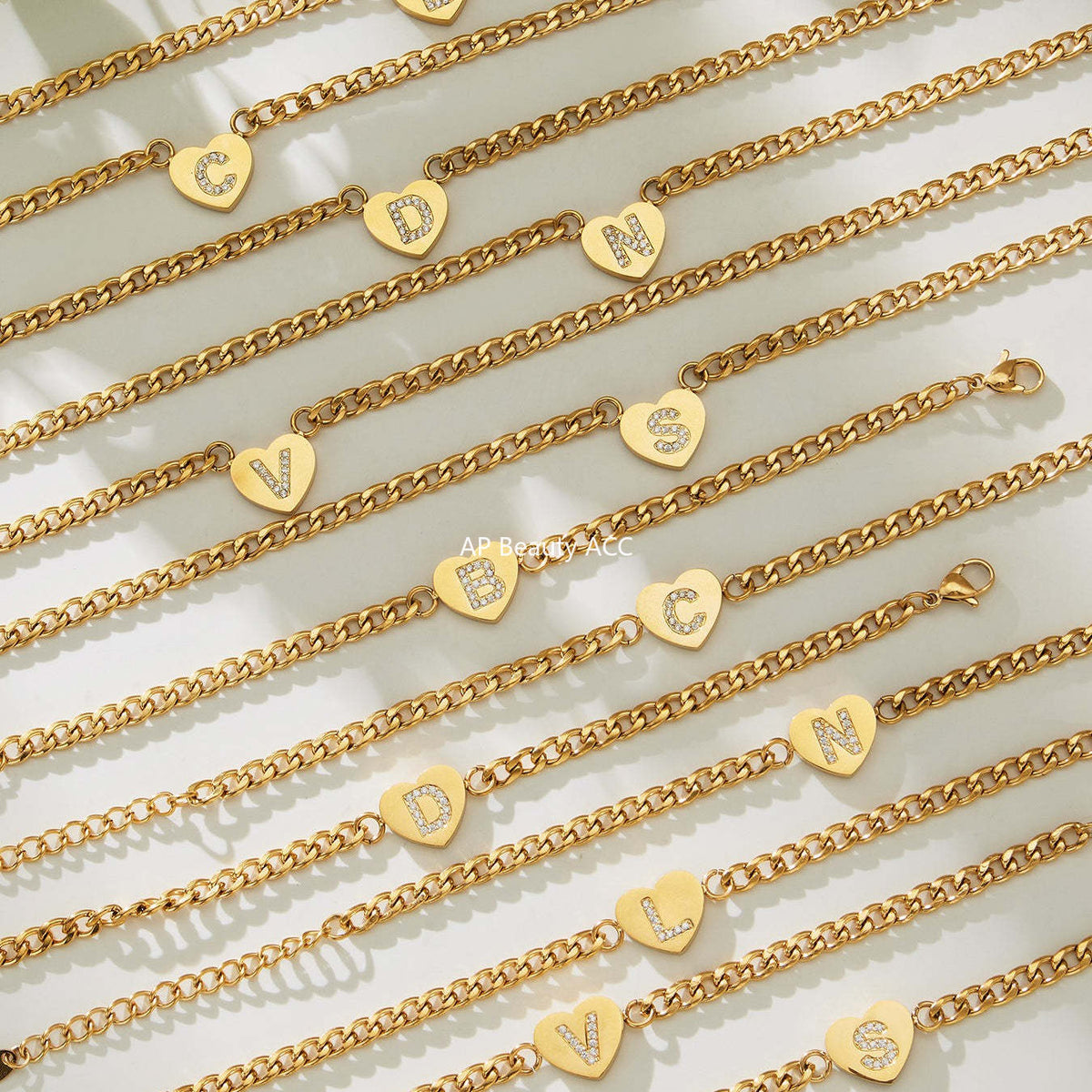 B廠-不鏽鋼愛心字母鑲嵌鋯石吊墜項鍊手鍊套裝 歐美個性首飾鍍18k真金「RP021」25.12-1