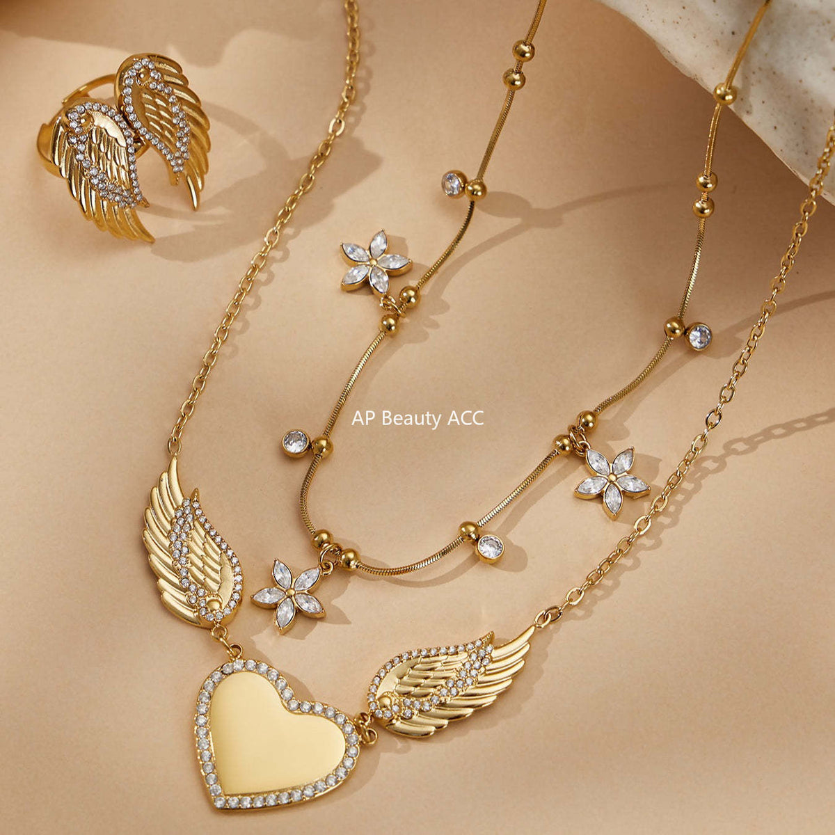 B廠-不鏽鋼5A鋯石愛心翅膀吊墜項鍊羽翼開口戒指套裝鍍18k真金不掉色「TXP523」25.12-3