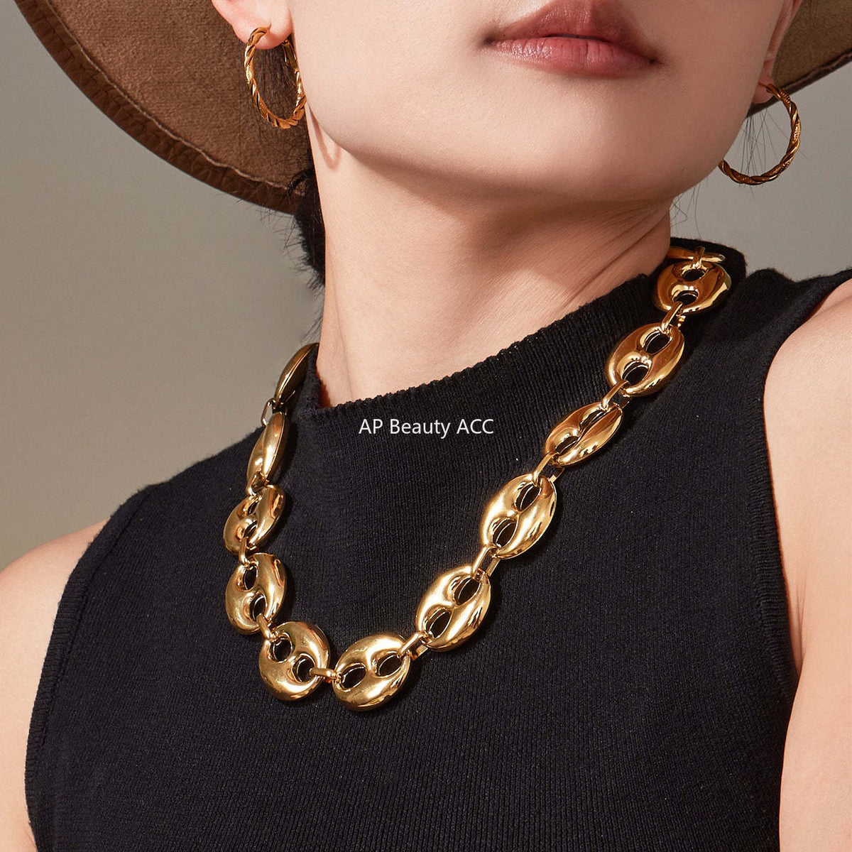 B廠-時尚輕奢風光面橢圓形豬鼻子項鍊手鍊套裝不鏽鋼鍍18k真金「TXP466」25.11-3