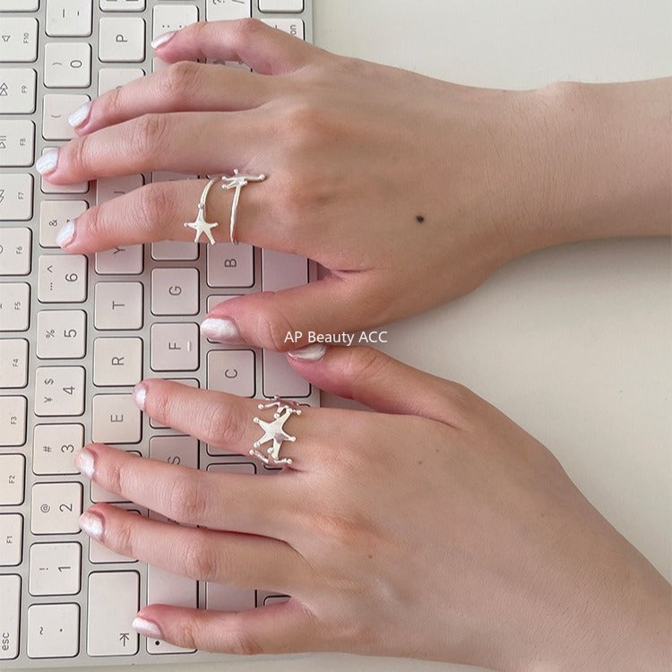 C廠-韓版純銀旋轉星星戒指女復古時尚設計感指環小眾高級感ins食指戒「JZ-0716」25.11-1