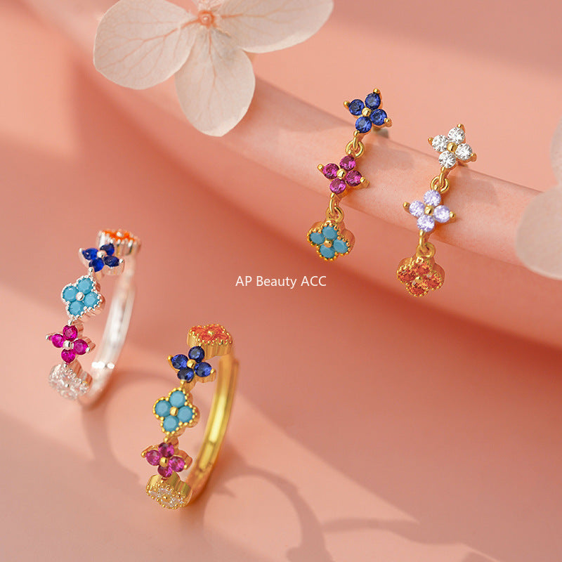 D廠-S925純銀個性彩色四葉草耳環環甜美多巴胺可愛清新簡約首飾批發「YC3164R_1 YC6343E_1」25.11-2