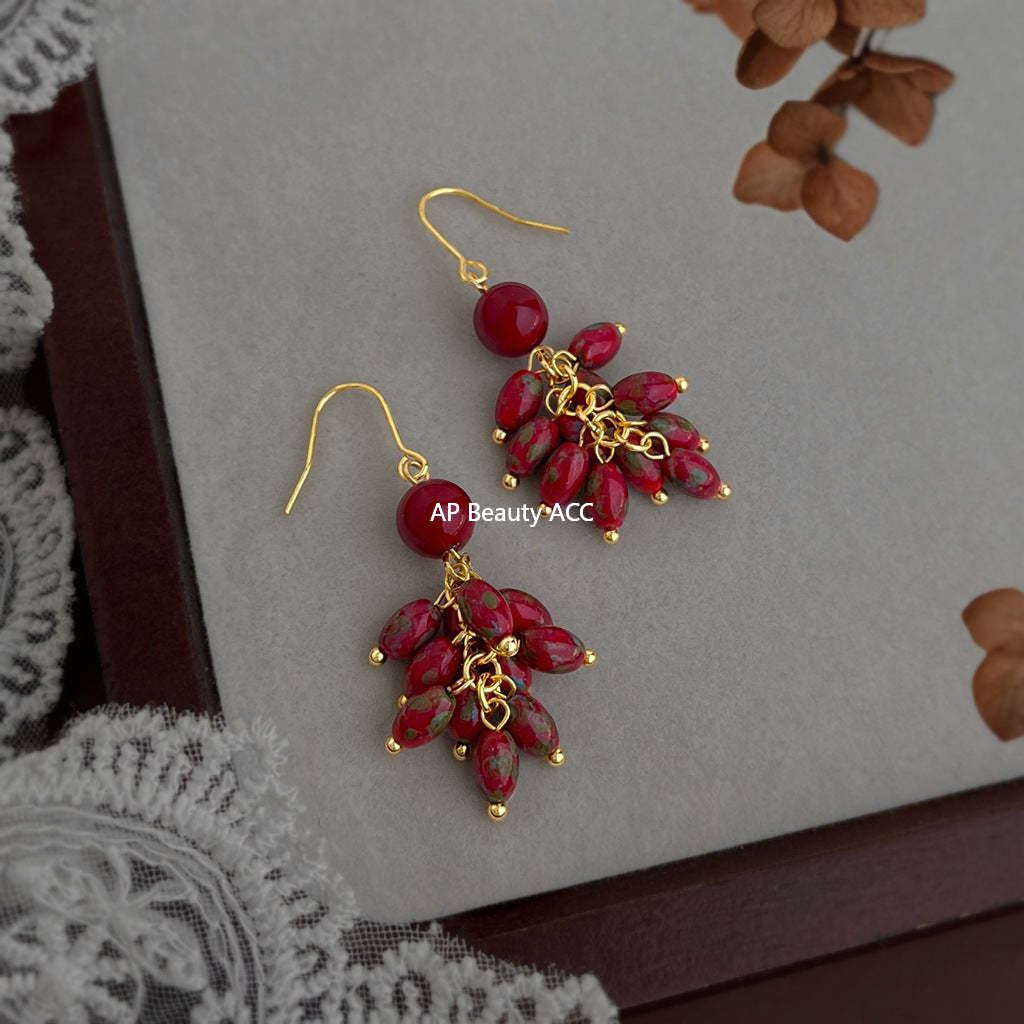 A廠-新中式火紅琉璃米珠長款流蘇手工耳環氣質國潮新款新年耳飾女「7261」25.12-3