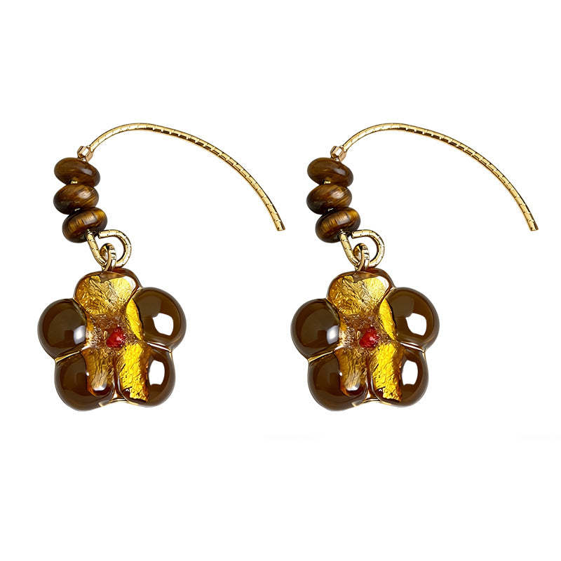 A廠-文藝復古時尚高級感手工藝玻璃琉璃花朵虎眼石天然石耳飾「7203」25.12-3