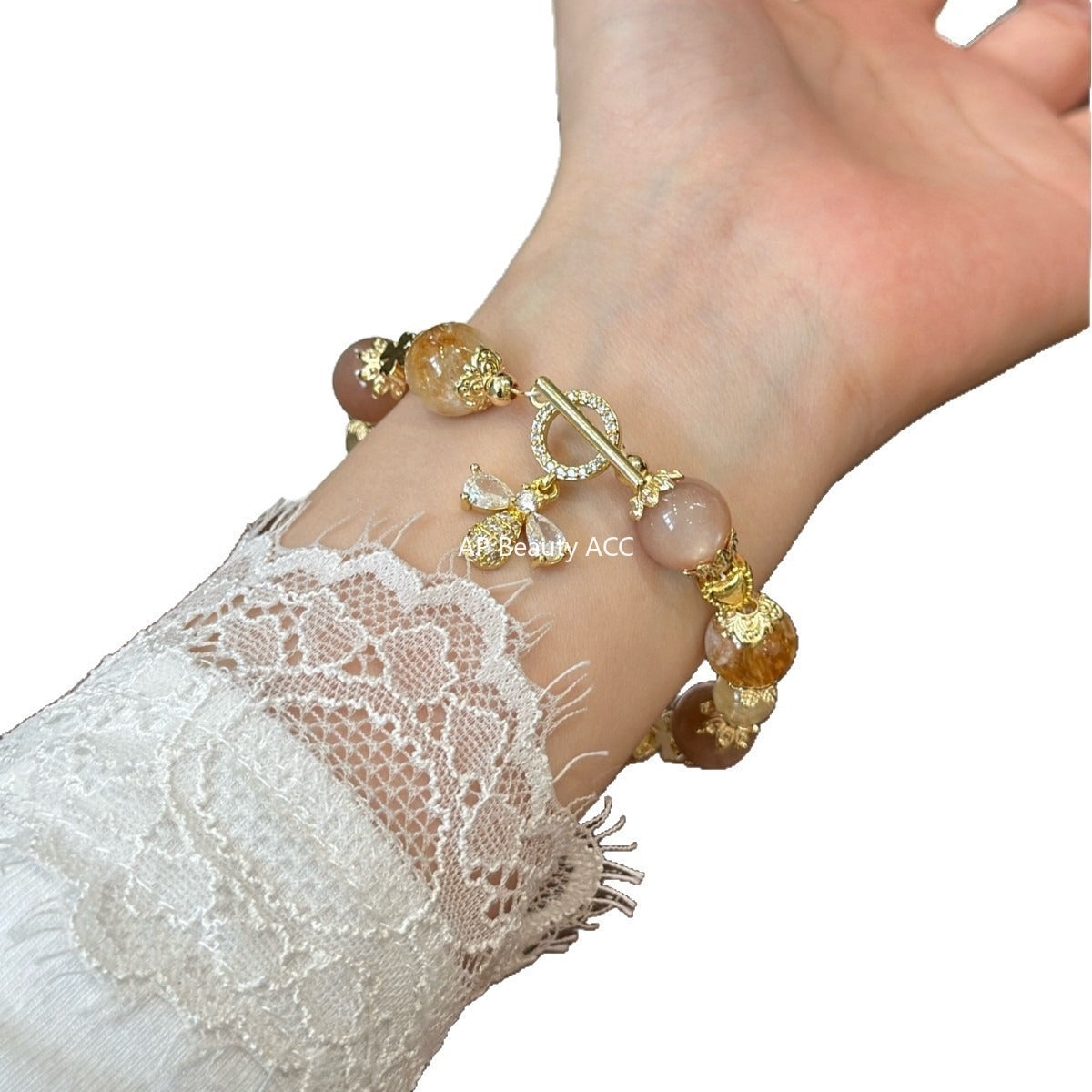 AS廠-天然橙月光黃塔晶金髮晶手鍊女小眾設計蝴蝶吊墜幸運手串「l2942」25.11-1