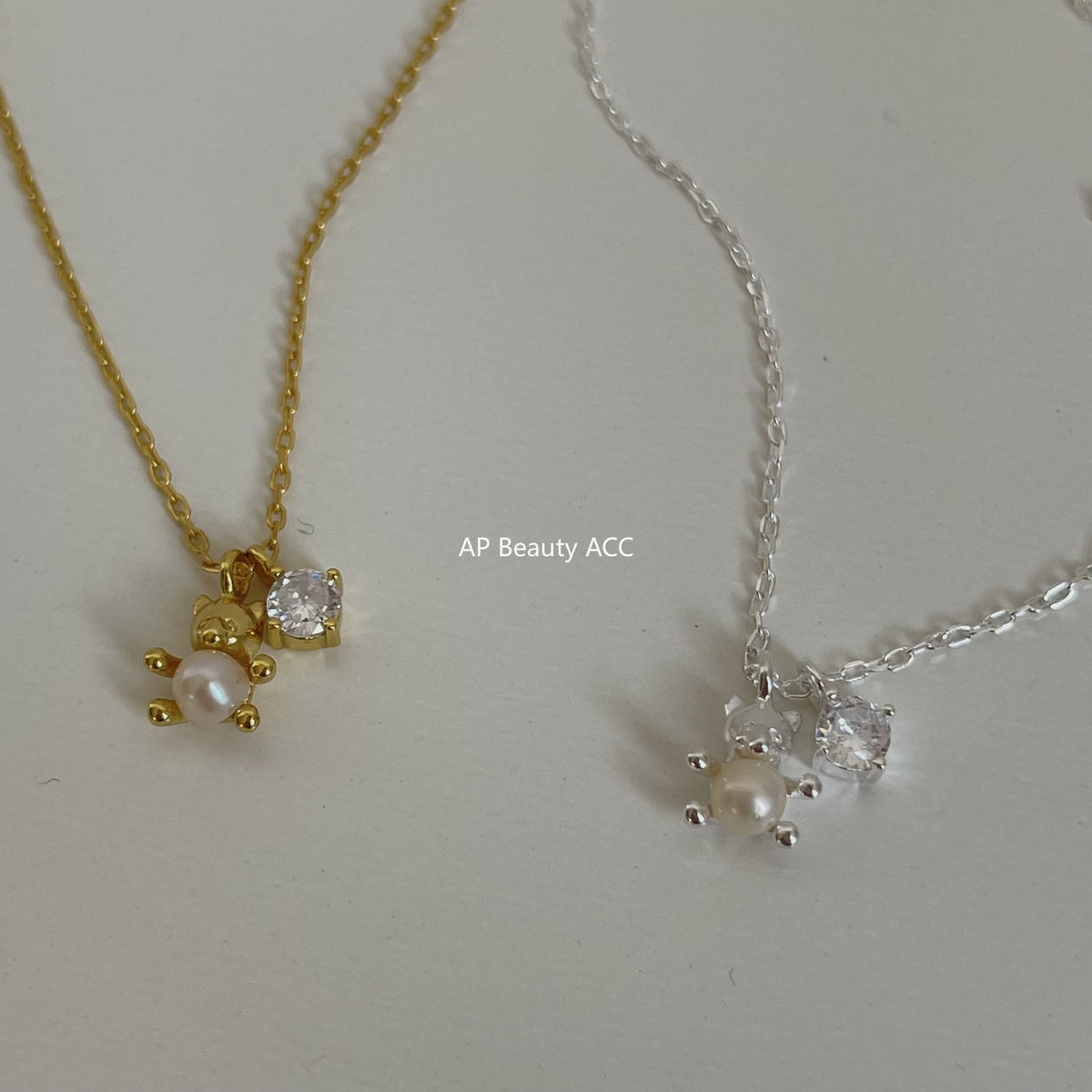 F廠-韓國韓版925純銀INS 鋯石小熊珍珠項鍊銀飾品簡約項鍊「B1034」25.11-2