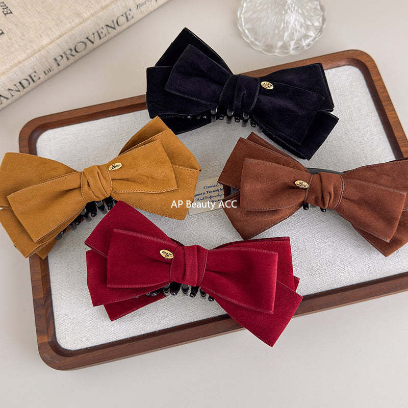 E廠-美拉德麂皮蝴蝶結金標香蕉夾蓬松顯髮量高馬尾抓夾優雅半扎髮夾子「27621」25.11-1