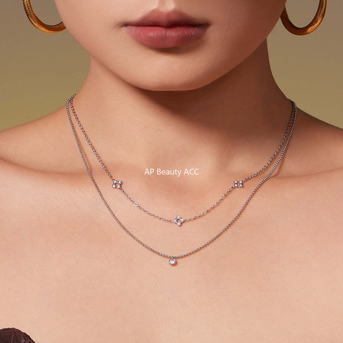 B廠-簡約時尚花朵滿鑽鋯石吊墜雙層疊戴項鍊不鏽鋼手鍊戒指套裝「TXP492」25.11-4