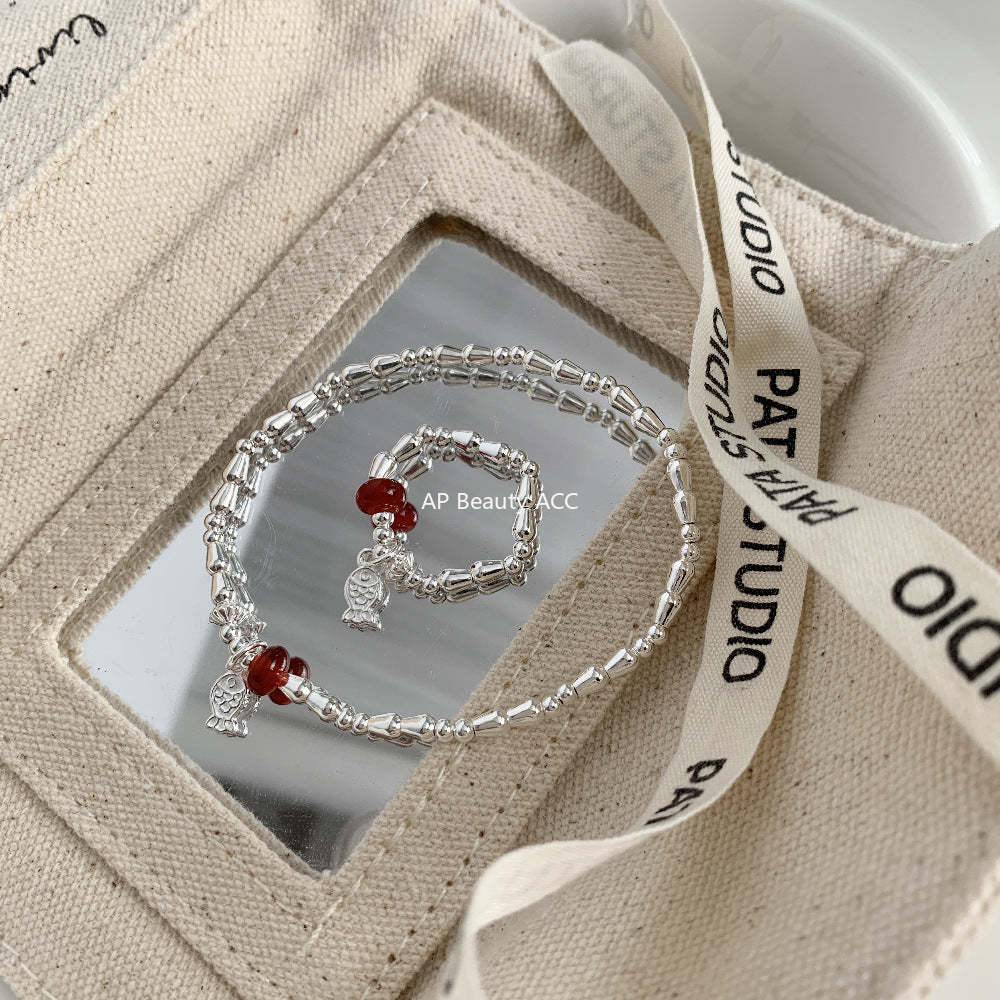 C廠-新中式國風古風小魚兒紅瑪瑙S925純銀戒指彈力戒指S925純銀手鍊「1511」25.11-3