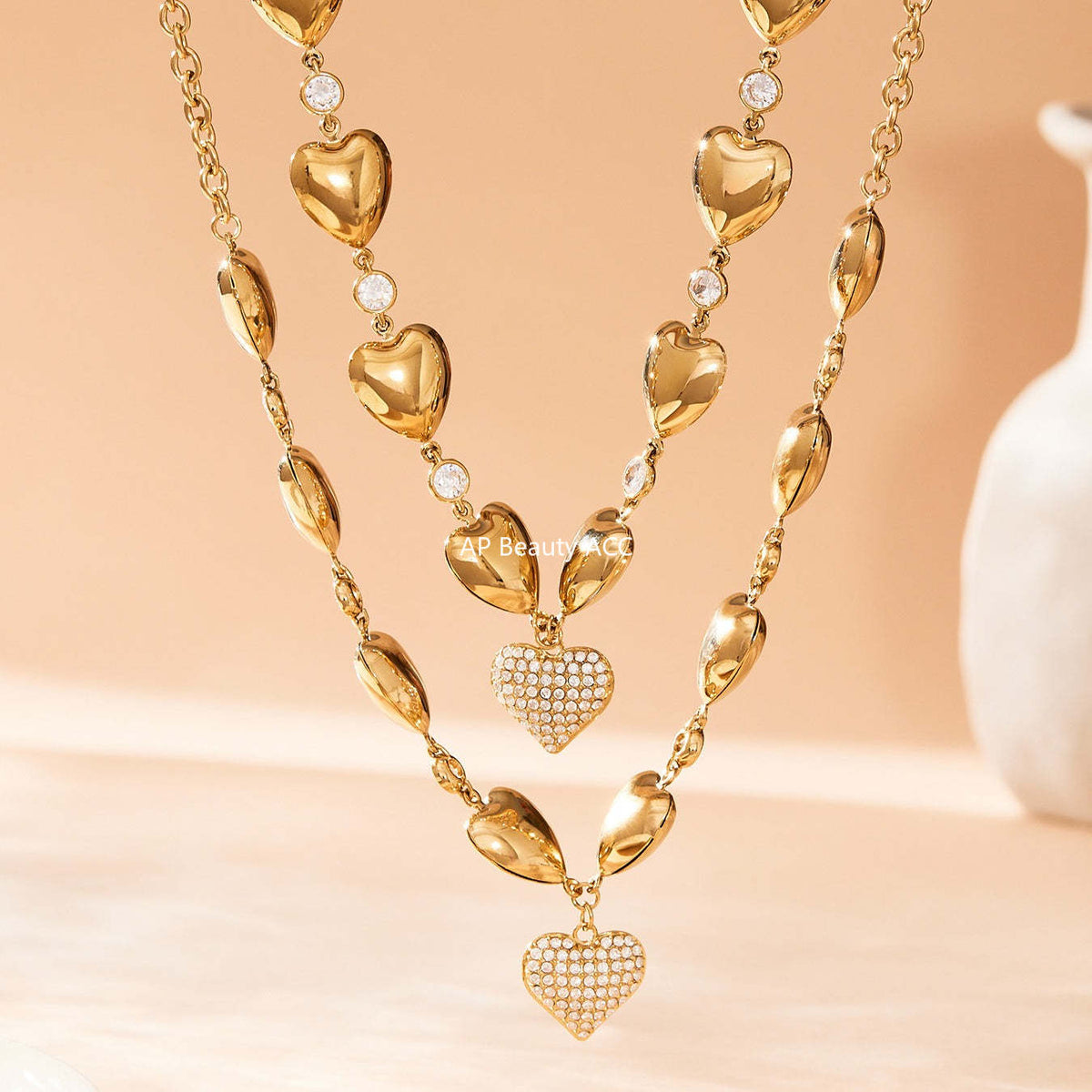 B廠-重工高質5A鋯石愛心滿鑽不鏽鋼空心項鍊鍍18k真金珠寶首飾「P1344」25.11-3