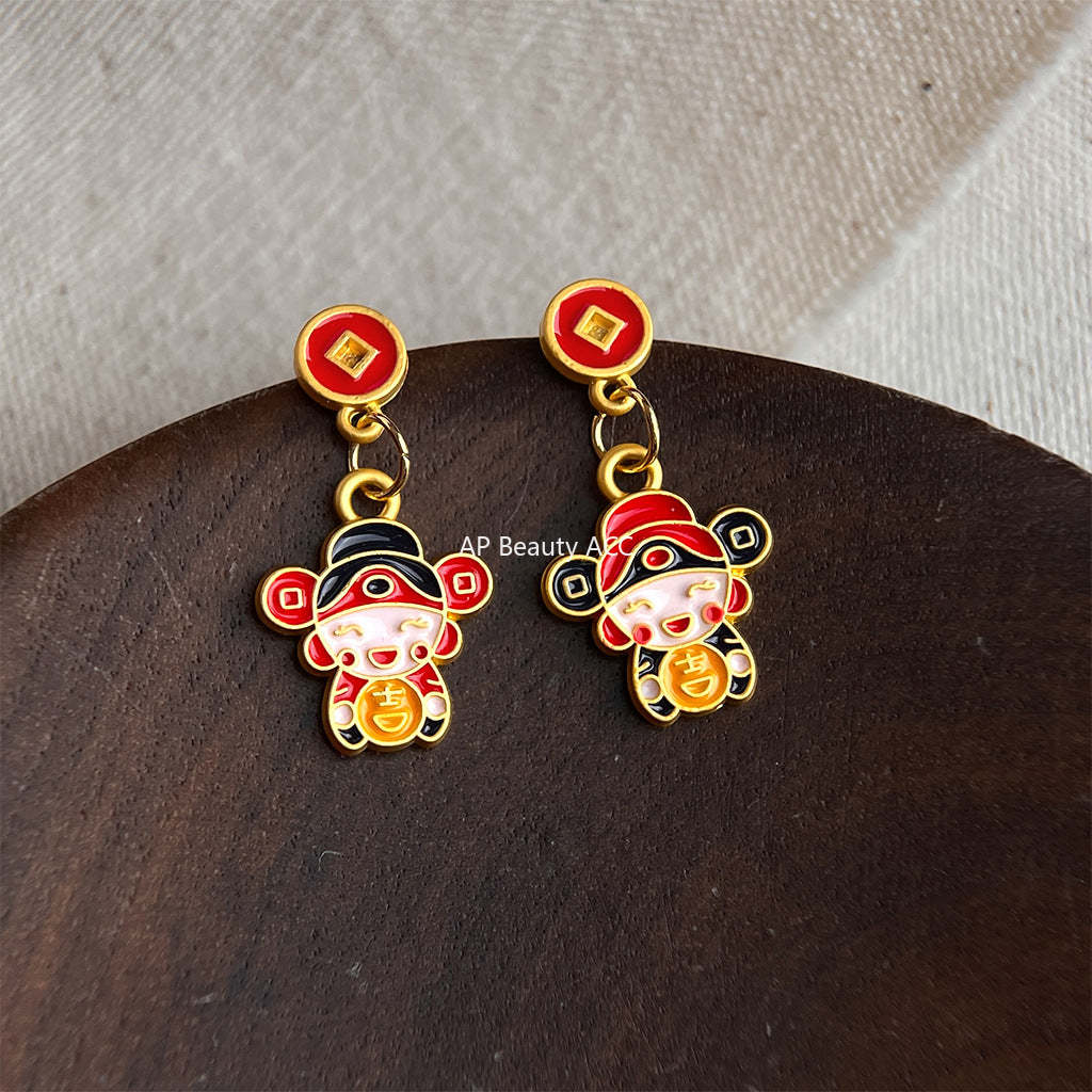A廠-新年款手工彩繪琺瑯滴釉不對稱財神爺新款耳飾新中式民族風耳環「7231」25.12-2