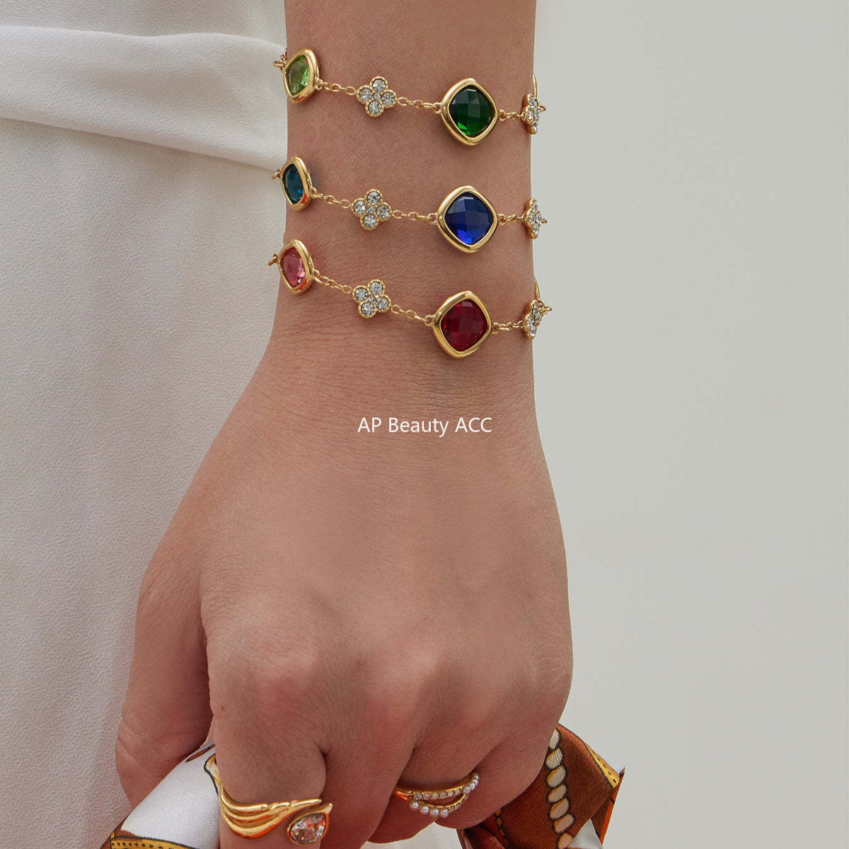 B廠-不鏽鋼四葉花鑲鋯石切麵包邊石頭手鍊長款毛衣鏈項鍊耳環首飾套裝「TXP509」25.12-1