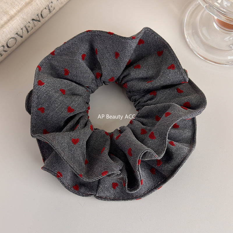 E廠-秋冬紅色波點愛心印花肥腸圈髮圈甜美時尚韓版灰色系溫柔復古髮繩「27665」25.11-2