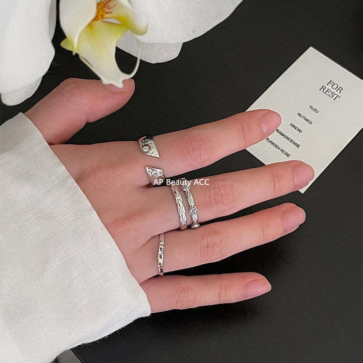 C廠-小眾高級感菱格紋純銀鋯石戒指輕奢冷淡風時尚氣質玫瑰花森系指環「JZ-0712」25.10-5