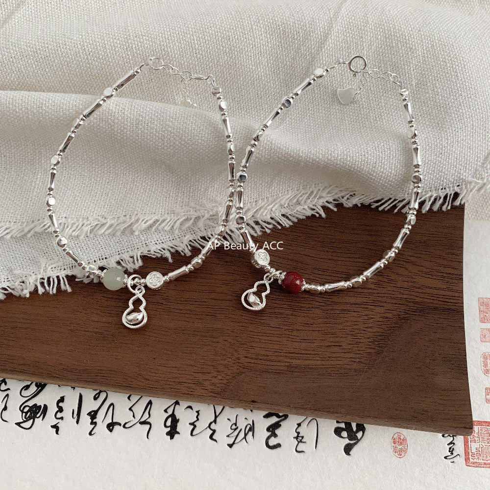 C廠-新中式國風古風宮廷風元寶葫蘆竹節天然和田玉紫金砂朱砂S925手鍊「1600」25.11-2