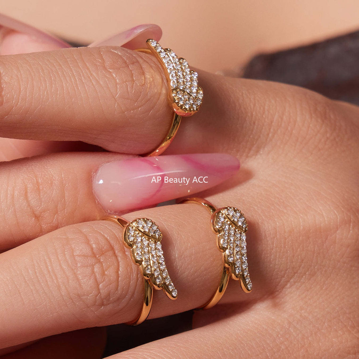 B廠-超閃5A鋯石小翅膀造型手鍊項鍊耳環戒指套裝不鏽鋼鍍18k金「TXP486」25.11-4