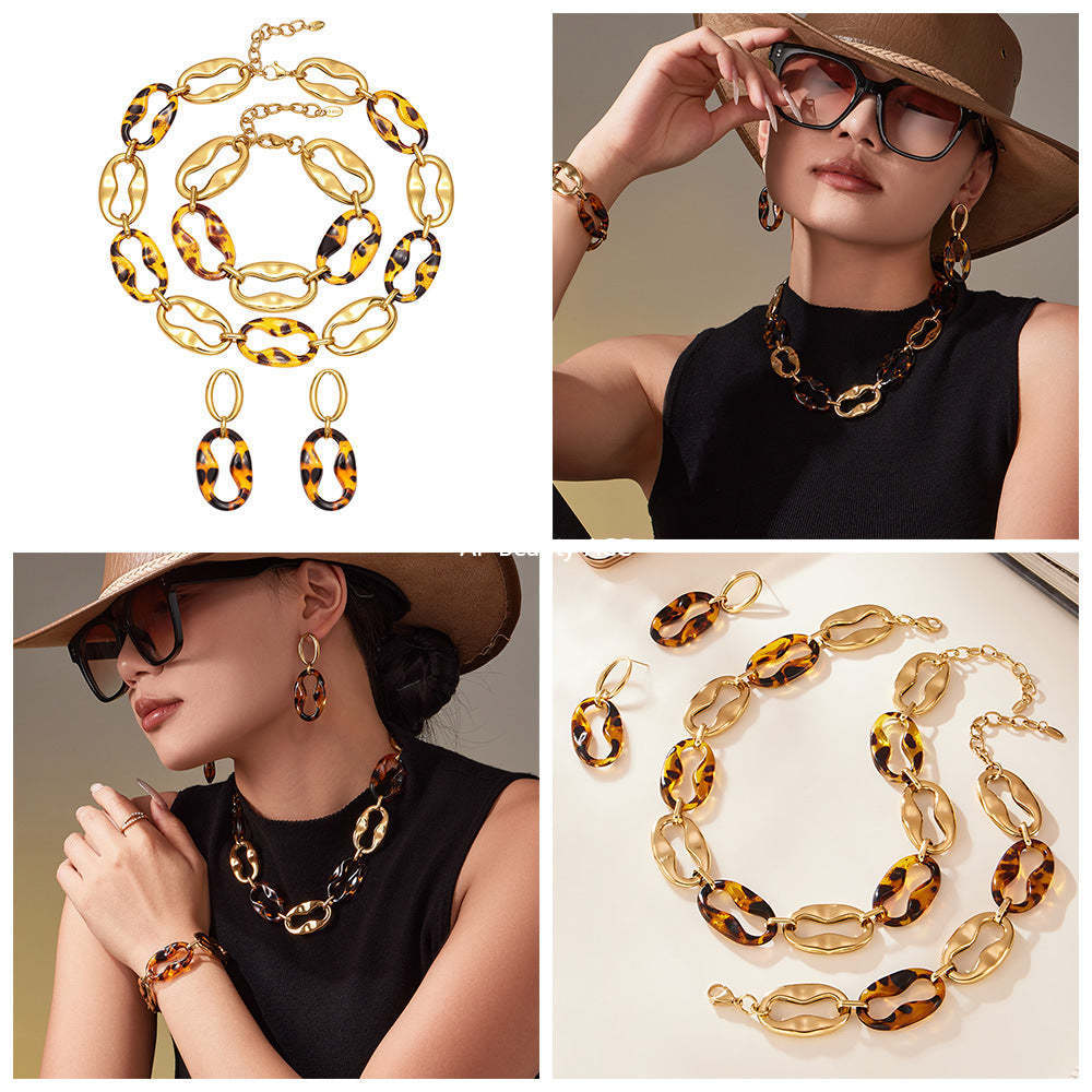 B廠-中古vintage耳飾設計感不鏽鋼幾何樹脂耳環項鍊手鍊套裝女「TXP470」25.11-3