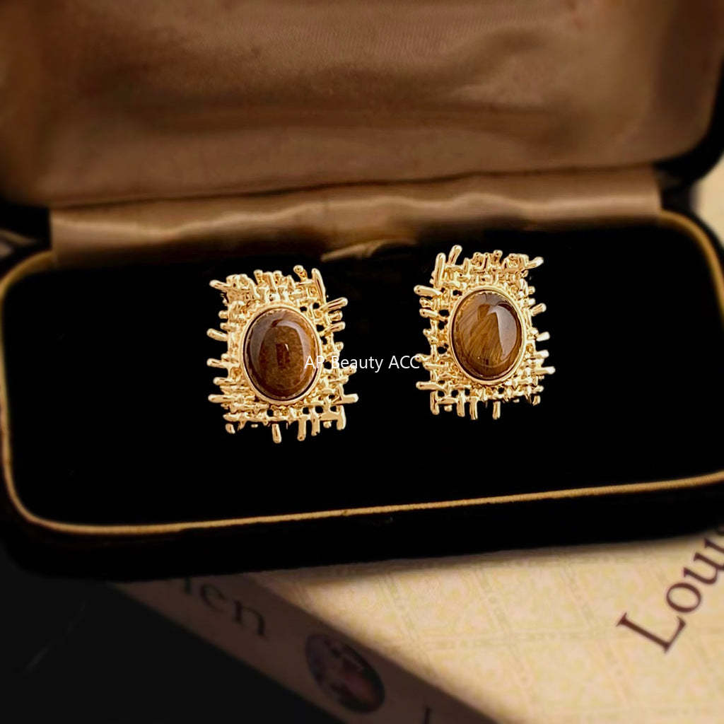 A廠-美拉德風虎眼石天然石設計師款不規則網狀秋冬新款耳飾工廠耳環女「6977」25.10-5