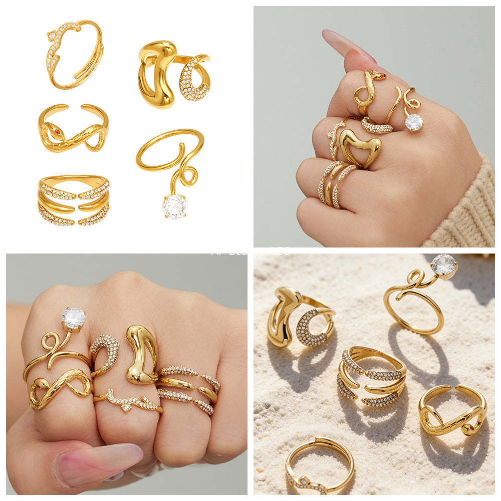 B廠-不鏽鋼細鑽鑲嵌鋯石開口戒指組合鍍18k真金INS小眾時尚設計手飾品「A382-A-A622-A674」25.12-3