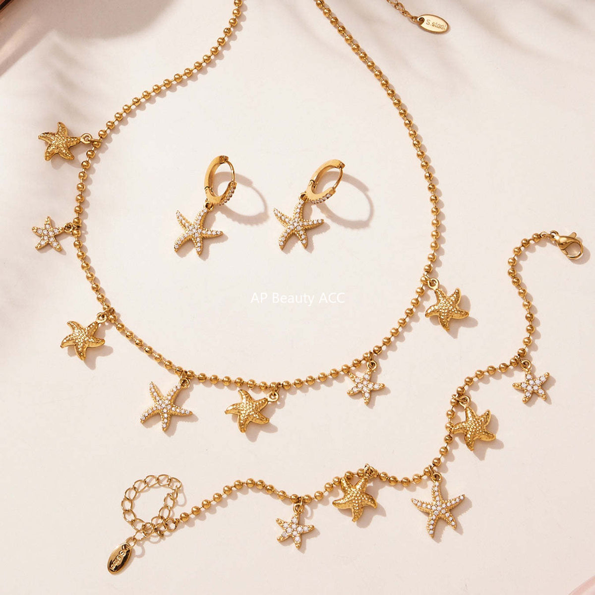 B廠-跨境新款不鏽鋼鋯石海星吊墜耳環項鍊手鍊套裝簡約鑲鑽配飾「TXP478」25.11-4
