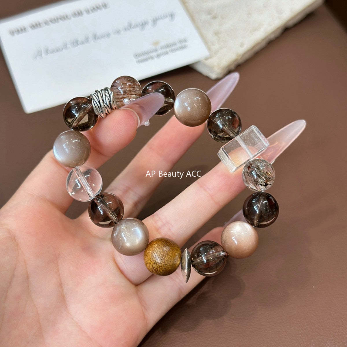 AS廠-天然奶茶月光白水晶手串茶晶黑金超轉運招財小眾設計美拉德手「l2969」25.10-5