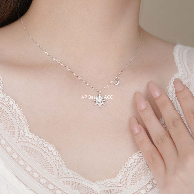 D廠-S925純銀八芒星月亮項鍊炫彩夢幻復古歐美精緻小眾鎖骨鏈批發「YC1445N_1」25.10-5