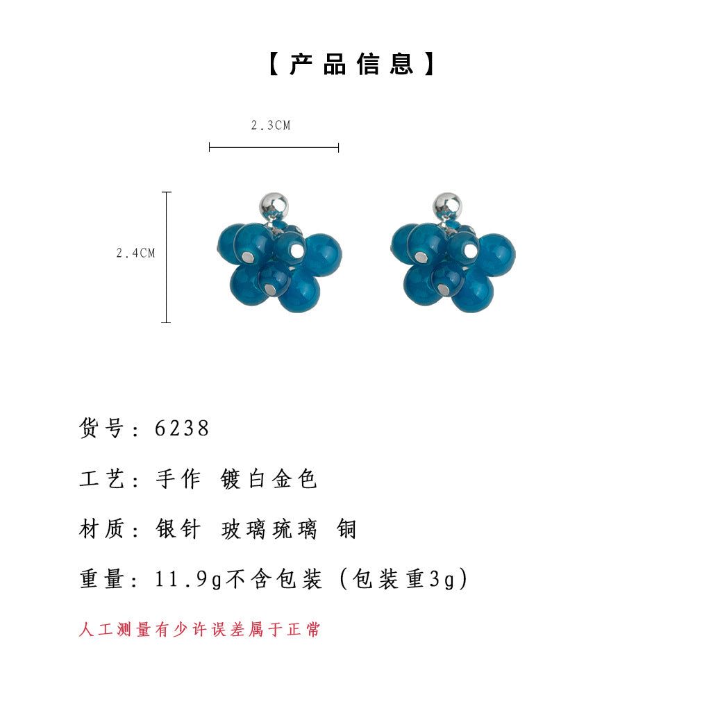 A廠-韓代同款~玻璃琉璃水晶藍色葡萄串手工編織耳飾 新款耳環「6238」25.06-2