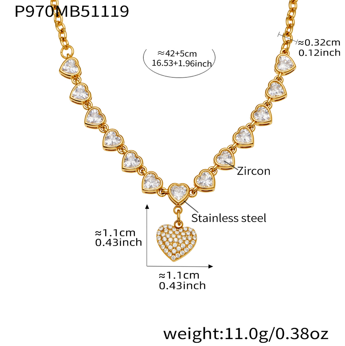 B廠-超閃5A鋯石滿鑽15個愛心鎖骨項鍊不鏽鋼鍍18k真金珠寶首飾「P970」25.11-4