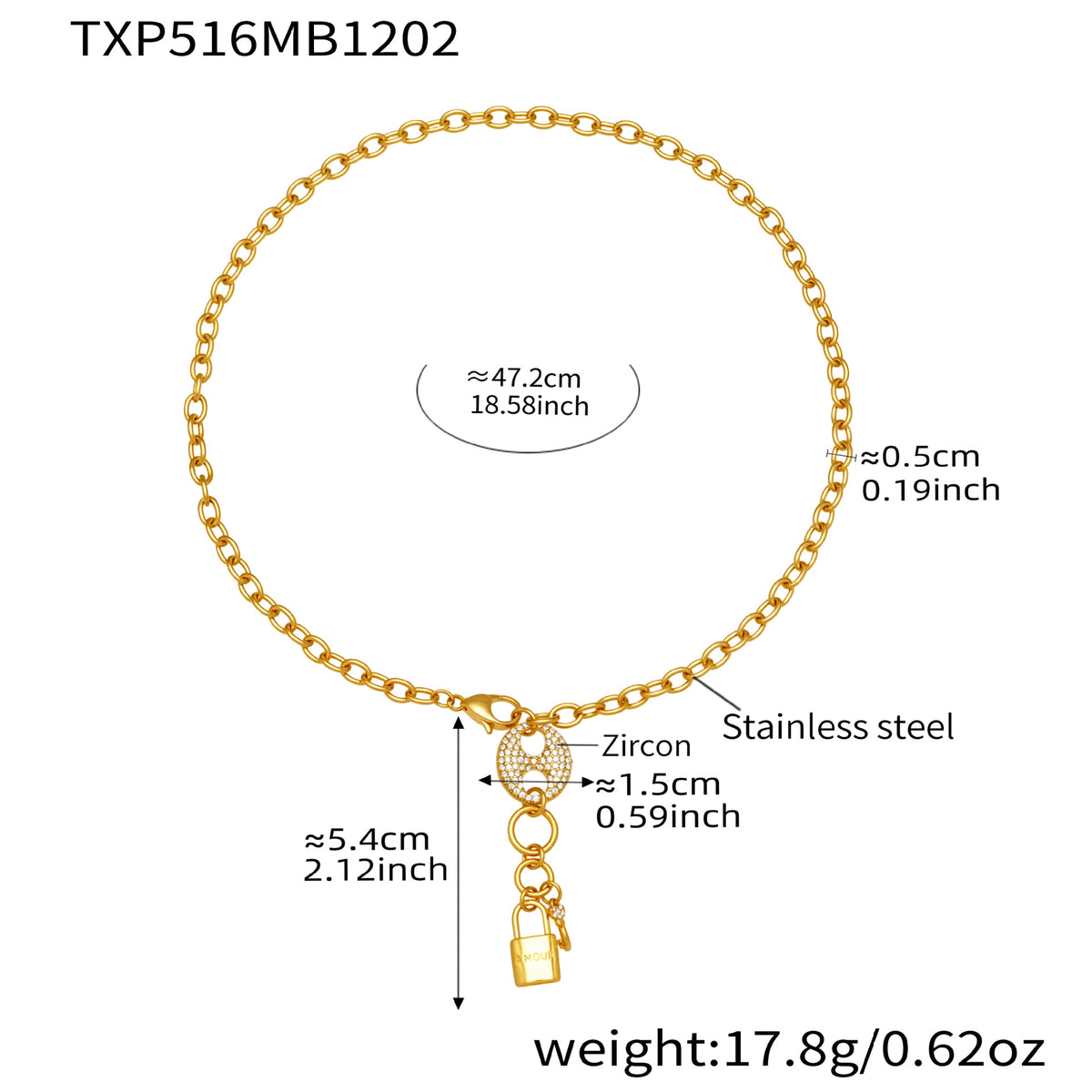 B廠-不鏽鋼滿鑽鋯石豬鼻子鎖頭流蘇吊墜珠寶扣項鍊手鍊套裝鍍18k真金「TXP516」25.12-2