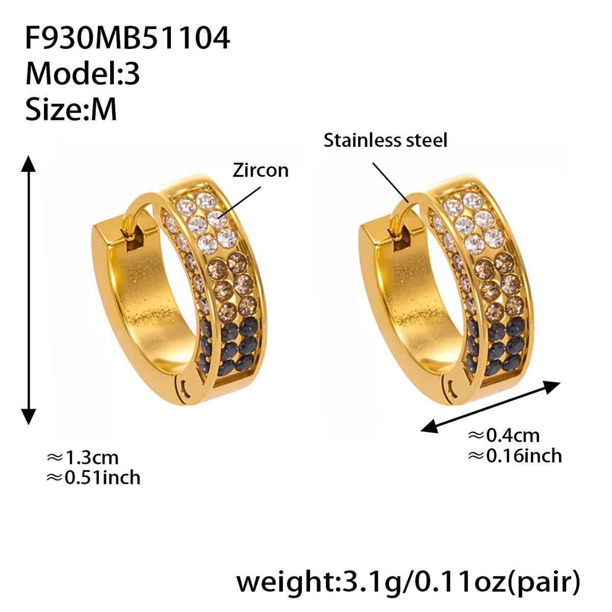 B廠-ins風高質量彩色5A鋯石圓圈卡扣耳環不鏽鋼鍍18k真金耳飾女「F930」25.11-2