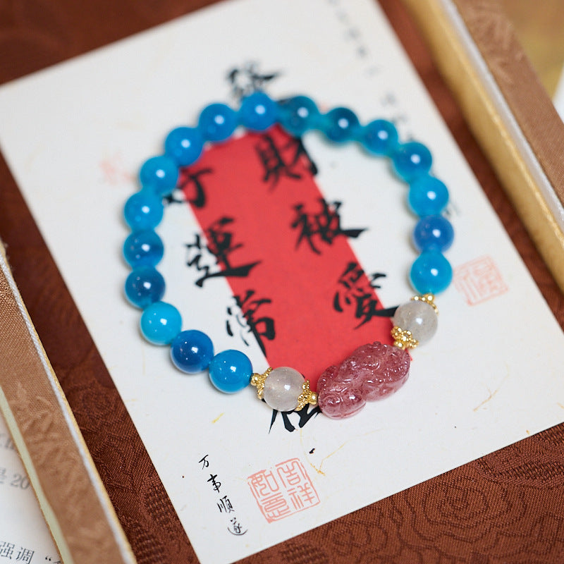 AS廠-寺廟同款藍色糖心瑪瑙手鍊女月光石草莓晶貔貅事業藍溏心瑪瑙手串「SL61-16」25.05-4