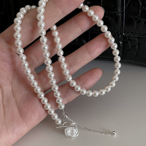 C廠-法式復古珍珠項鍊女小眾高級感玫瑰花一字扣頸鏈精緻純銀鎖骨鏈「XL-950」24.04-2