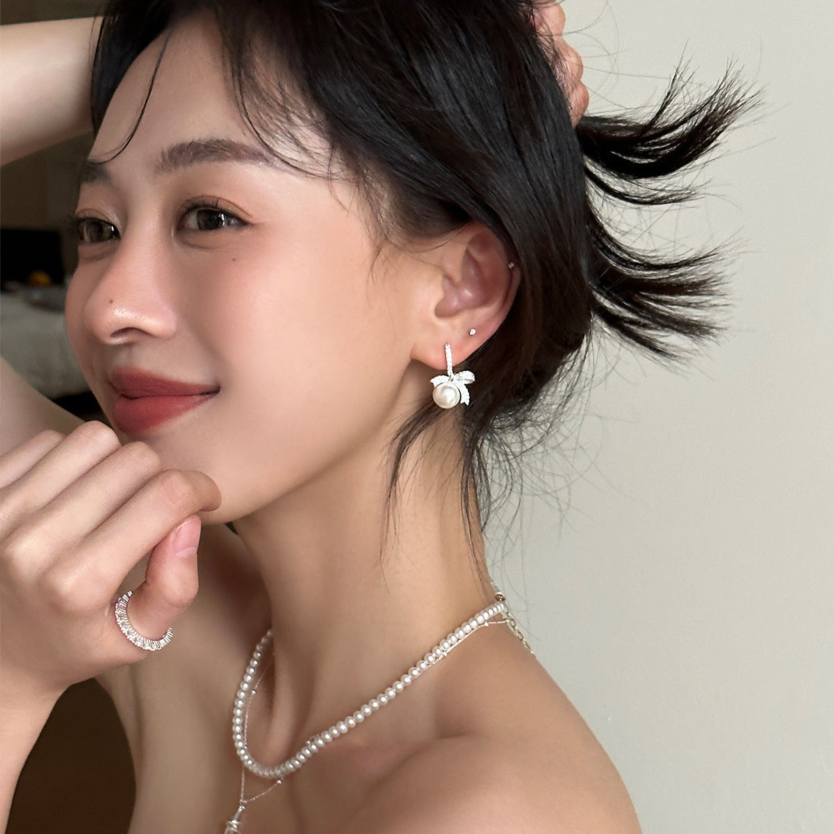 C廠-輕奢百搭鋯石蝴蝶結銀針耳環女氣質甜美珍珠耳扣小眾設計高級耳飾「EH-3754」25.08-4