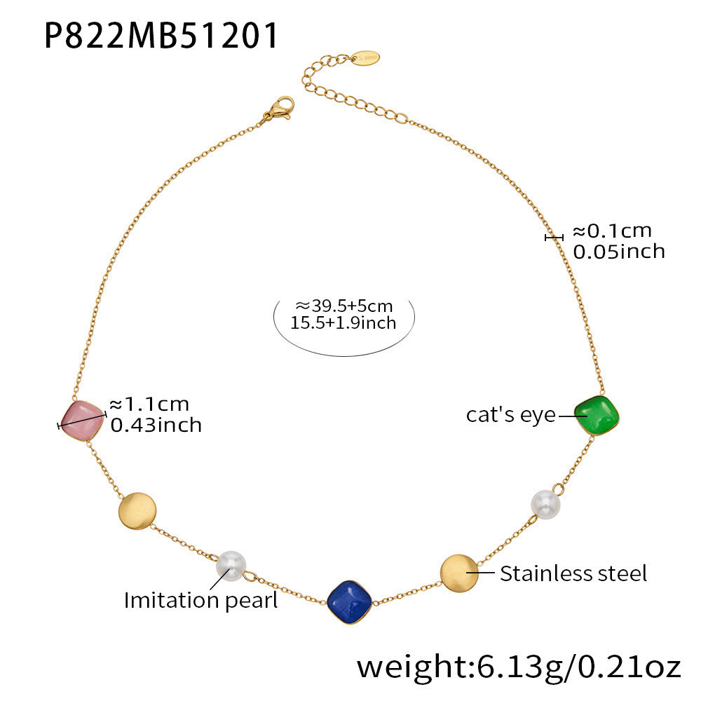 B廠-不鏽鋼貓眼石多色手工串膠珠鎖骨項鍊鍍18k真金質感女款珠寶首飾「P822」25.12-2