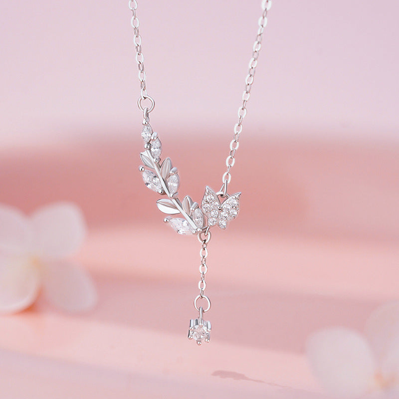 D廠-S999足銀個性花枝蝴蝶鎖骨鏈女韓風少女感氣質文藝風情侶項鍊批發「YC1811N_1」25.11-3