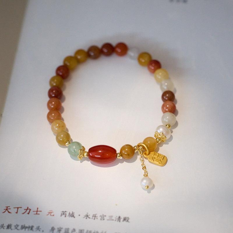 AS廠-天然新疆金絲玉手鍊女珍珠流蘇新中式高級感玉石手串閨蜜禮物批發「SL89-E-8」25.04-1