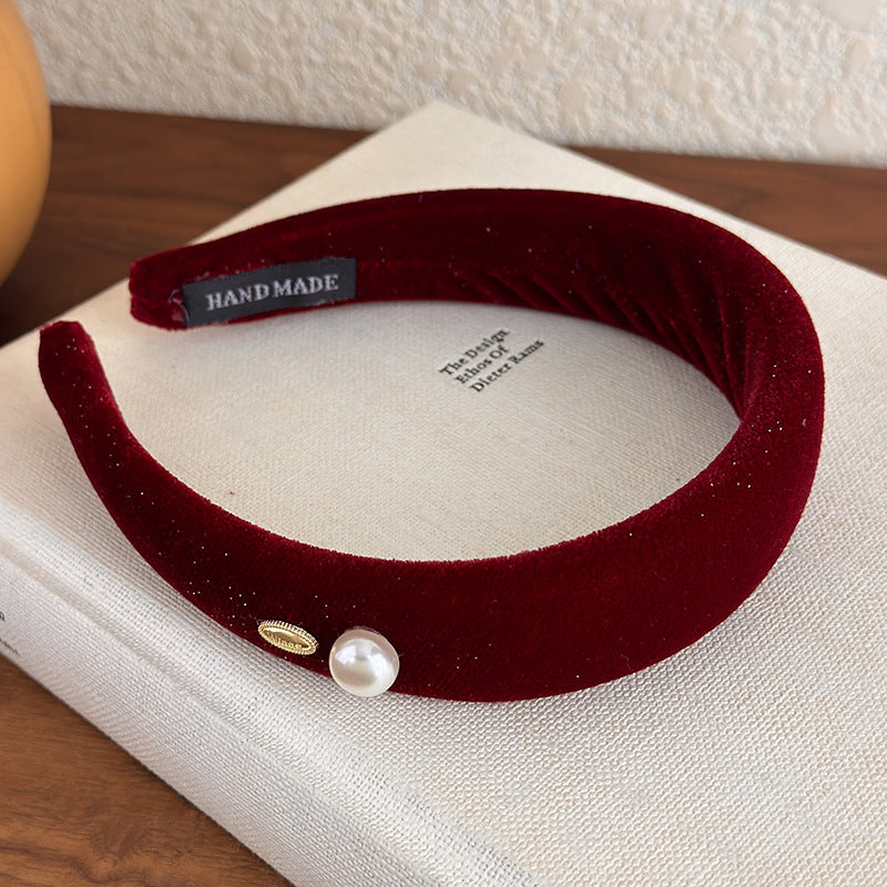 E廠-復古港風絲絨頭箍喜慶紅色絨面珍珠銘牌寬窄髮箍新款新年時尚髮卡「27822」25.12-3
