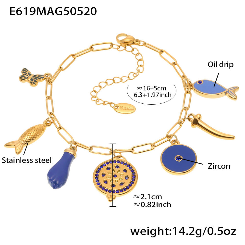 B廠-多元素絢彩吊墜滴油手鍊夏日度假不鏽鋼不掉色飾品「E619」25.05-5