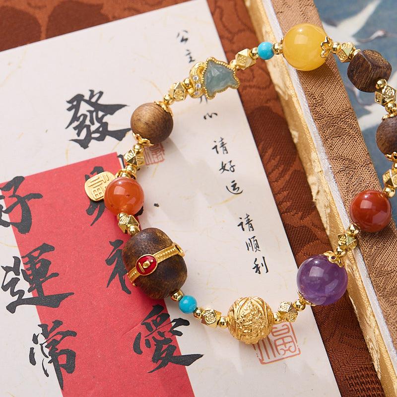 AS廠-新中式原創設計天然沈香多寶手串十全十美S925銀南紅蜜蠟手鍊批發「00716-05」25.03-3