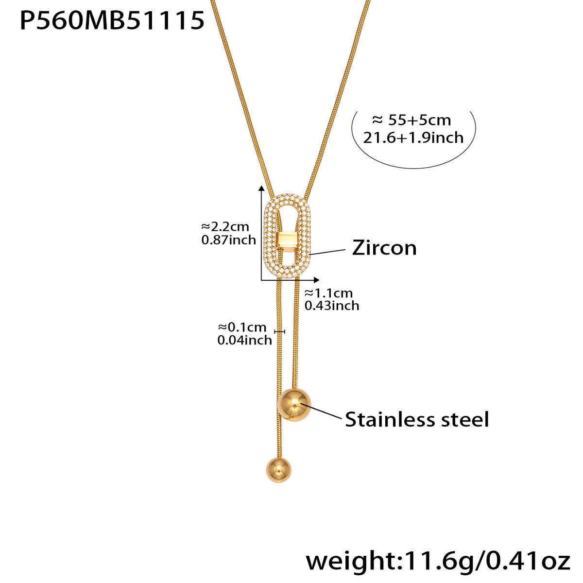 B廠-超閃5A鋯石日字抽拉項鍊不鏽鋼鍍18k真金跨境新款珠寶首飾「P560」25.11-3